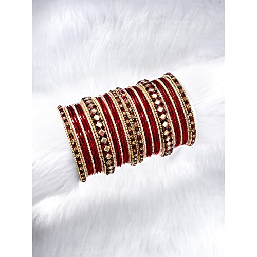 Aheli Ethnic Colorful Metal Bangles Chudha Set Stone Studded Bangle Set Indian Wedding Wear Fashion Jewelry Gift for Women Blue - color: Maroon