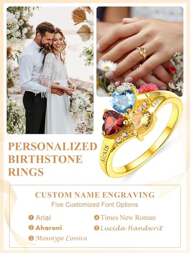 Custom4U Personalized 1-4 Birthstone Rings for Women Promise Rings for Her Sterling Silver Mothers Ring Customized Cubic Zirconia Stones Wedding/Valentine's Day/Mother's Day Jewelry Gift for Mom Wife - color: A-3 Names-gold