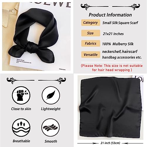 Ciormis 100% Mulberry Silk Scarf-Women's 21''/27''Square Silk Hair Head Scarf Neckerchief with Gift Packaged - color: 21''x 21''-style 04-black
