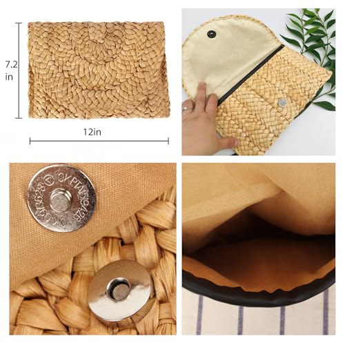 Boho Straw Clutch Purse for Women - 100% Natural Woven Straw, 11.8"×7.1" Envelope Design, 0.33 lbs with Magnetic Clasp for Summer Beach (Brown)