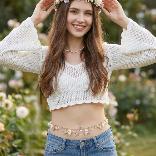 Starfish Seashell Waist Chain Adjustable Boho Mermaid Pearl Body Chain Fashionable Summer Beach Belly Jewelry Gold Bikini Belt Accessories for Women