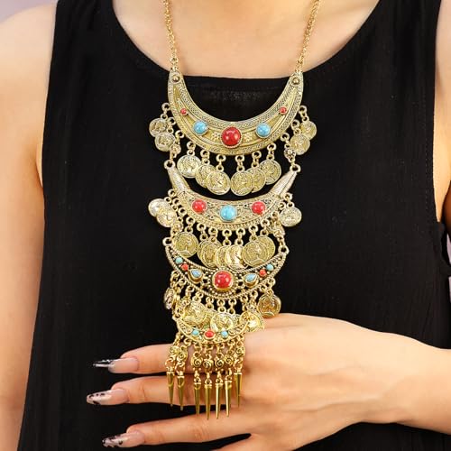 Bethynas Bohemian Ethnic Tribal Chunky Necklace Multilayer Long Tassel Turquoise Statement Neck Chain Retro Coin Gemstone Exaggerated Costume Accessories for Women - color: A-Gold
