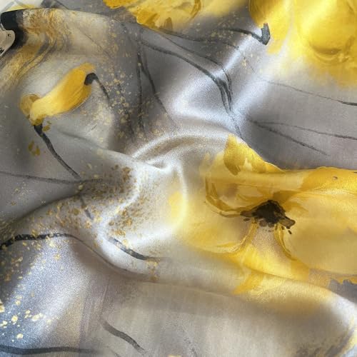 FONYVE 100% Mulberry Silk Scarfs for Women-Lightweight Square Satin Head Scarf-Small Silk Hair Scarf for Sleeping 21"x21" - color: 22 Yellow & Black Flower