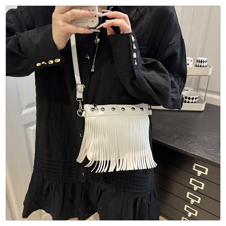 Fringe Shoulder Bag with Studs, Vintage Style Crossbody Purse, Spacious Women's Boho Bag - color: White
