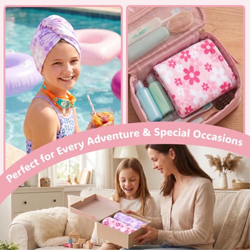 Basumee Microfiber Hair Towel Wrap for Kids 2 Pack Rapid Drying Hair Towel with Button Hair Turbans for Wet Hair Wraps Head Towel Wrap for Women and Girls - color: Pink White Purple Flowers