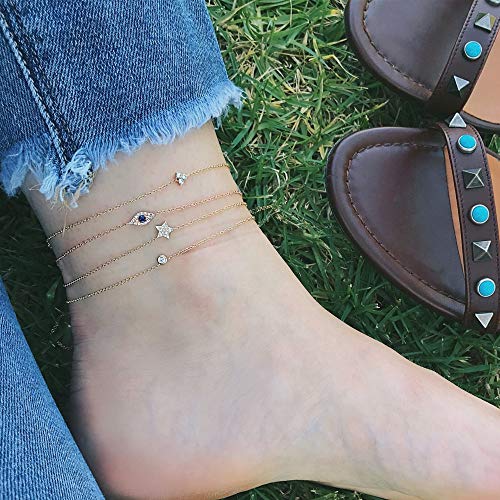 LOYATA Dainty Ankle Bracelet,14K Gold Plated Tiny Bead Anklet Dainty White Cubic Zirconia Cross Tassel Foot Chain Cute Lucky Moon Evil Eye Foot Jewelry Boho Anklets for Women - color: CZ Dot
