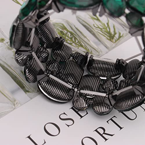 Women’s Wedding Bridal Crystal Leaf Flower Stretch Bangle Elastic Wide Bracelet Jewelry for Brides Bridesmaid - color: Emerald-Jet Plated