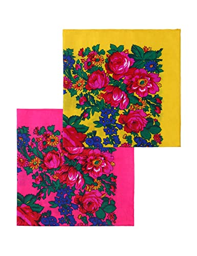 MJ SERECA Acrylic Bandana Printed Hair Scarf Square Ukrainian Head Scarf Floral Babushka Neck Scarf for Women 30"/42"/60" - color: 2 Pack-c 42"