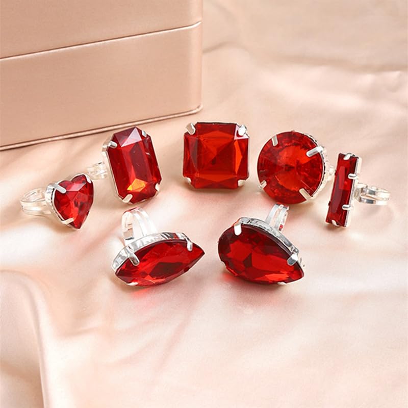 Statement Big Bling Rhinestone Costume Rings Stack Chunky Unique Silver Crystal CZ Large Knuckle Cocktail Ring Pack Cool Prom Jewelry Set for Women Trendy - style: Red