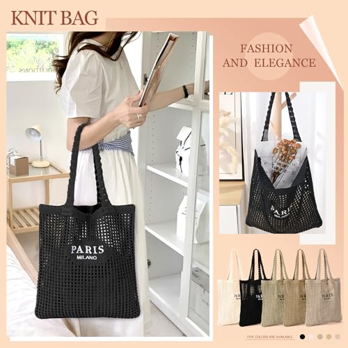 Ayieyill Crochet Tote Bag For Women, Crochet Mesh Beach Tote Bag Summer Vacation Aesthetic Boho Knit Bag for Women - color: G/Black