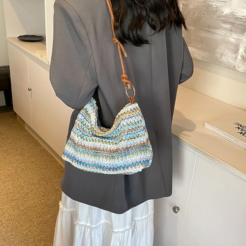 Women's Woven Beach Shoulder Handbag Colorful Straw Tote Bag Summer Vacation Crossbody Bag - color: 1343blue