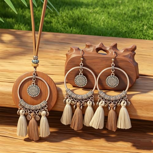 Wooden Leather Necklaces Set Bohemian Wood Stack Discs Long Chain Hemp Rope Bronze Plated Pendant Ethnic Tribal Fall Leaf Earrings Jewelry Statement Necklace - color: R-041