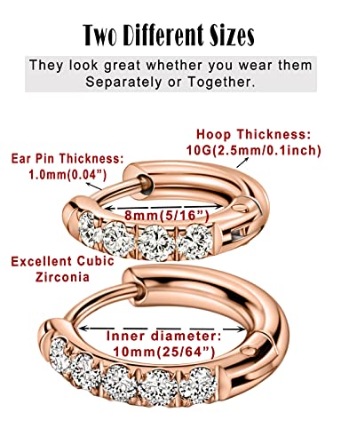 316L Surgical Stainless Steel Huggie Hoop Earrings with Cubic Zirconia, 10G 12G 14G 8-20mm Cartilage Lobe Earrings, 14G Piercing Jewelry - style: 10G 8mm 10mm Rose Gold Clear CZ