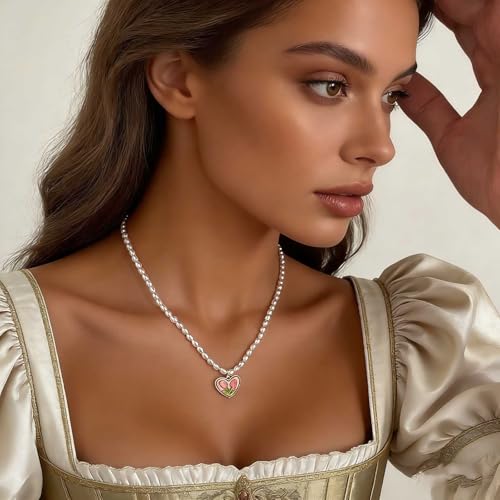 Pearl Heart Pendant Necklace Vintage Pearl Choker Necklace Pink Tulip Flower Pearls Necklaces Love Pearls Collar Necklaces Jewelry for Women