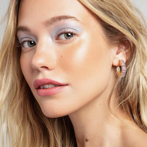 Trendy 14K Gold Plated Hoop Earrings for Women, Chunky Gold/Silver Earrings for Women Cubic Zirconia Baguette Hoop Earrings Heart Hoops Lightweight Hypoallergenic Jewelry,25mm/35mm/40mm/50mm - color: 01 Gold Purple Hoops 25mm