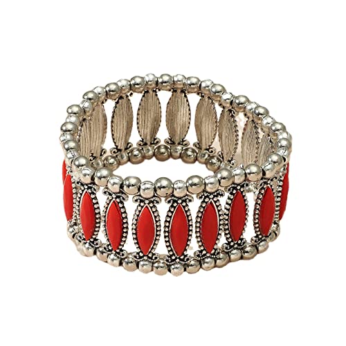 COLORFUL BLING Bohemian Simulated Turquoise Stretch Bangle Bracelet for Women Adjustable Ethnic Natural Stone Statement Wide Wrap Bracelet Boho Jewelry - color: long red