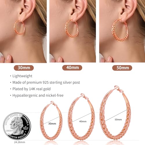 Senteria Silver Hoop Earrings for Women Hypoallergenic 925 Sterling Silver Post Hoop Earrings Lightweight Large Hoops Earring Thick Twisted Silver Hoops 30/40/50MM - color: 40MM Rose Gold