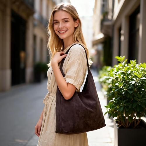 Suede Hobo Bags for Women Trendy Suede Shoulder Bag Slouchy Tote Handbag Suede Purse for Work Everyday | Suede Hobo Bags - color: Coffee