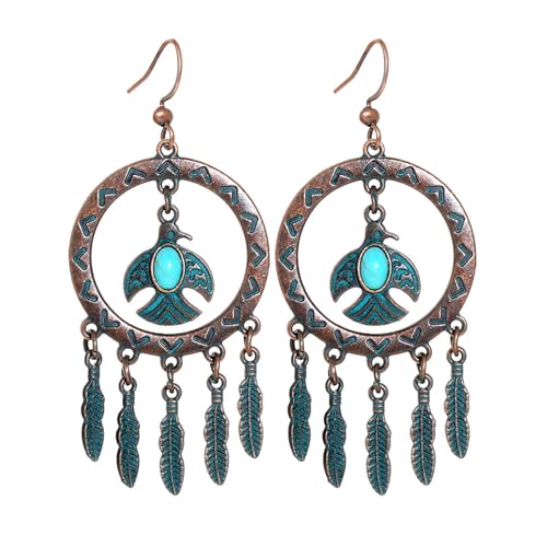 Boho Turquoise Drop Earrings Retro Long Copper Feather Tasse Metal Leaf Dangle Earrings Vintage Country Western Jewelry Cowgirl Ethnic Style Geometric Concert Festival Accessories for Women - color: Green Bird