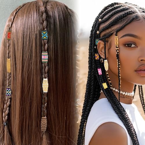 CooBigo 30pcs Hair Beads for Braids, 18 Plastic + 12 Fabric African Hair Dreadlock Beads Loc Hair Jewelry Imitation Wood Tube for Women Men Dreadlock Accessories Necklace Bag DIY Crafts - color: 18 Styles Total of 30pcs