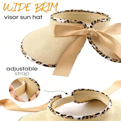 Women's Sun Visor Hats Wide Brim Beach Hat Straw Ponytail Visor Packable Foldable UPF 50+ Floppy Travel Hats - color: Khaki02