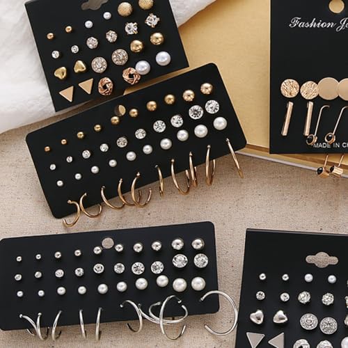 32 Pairs 14K Gold Plated Tiny to Huge Earring Hoop Stud for Women, More Style Earring Sets for Multiple Piercing Stack Set Everyday Jewelry