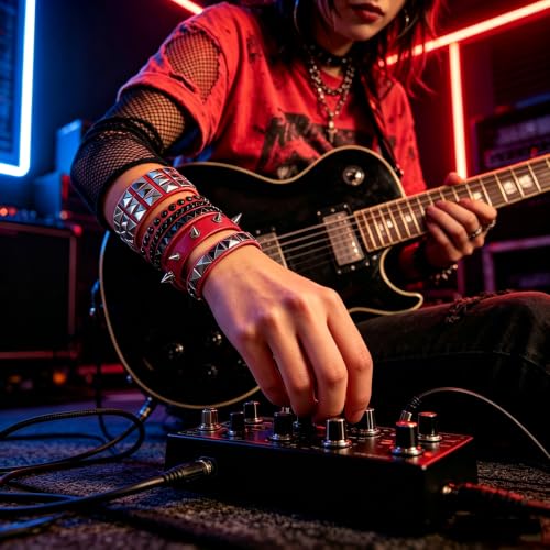 Handmade Black Leather Wrap Studded Bracelets for Women Men, 4Pcs Vintage Punk Wrist Cuff Bangle Wristband Emo Jewelry Gifts - style: Red Square Stud Style