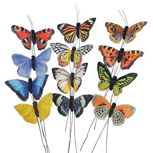 Berfutall-Artificial Feather 3D Butterfly Party Decorations Set of 12 with Wire 12 Color Ornaments for Christmas Tree(B)… - color: A Wire