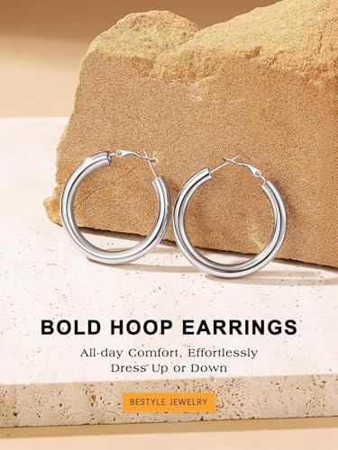 Bestyle 5mm Thick Gold Hoop Earrings Hypoallergenic Hoops for Sensitive Ears Trendy Lightweight Chunky Earrings for Women 30/40/60/80mm - color: 01-Silver, size: 40mm