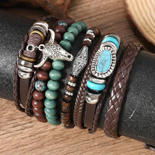 Turquoise Leather Western Bracelets for Women Men Bohemian Retro Turquoise Wrap Bracelets Exquisite Layered Stacked Cowboy Cowgirl Bracelet Western Country Concert Outfits Leather Cuff Bracelet for Women - style: Bull Head