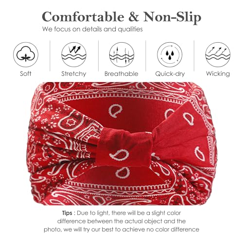 Artilady Wide Bandana Headbands for Women-Boho Bandeau Head Band Bohemian Paisley Red Headwrap Soft Athletic Elastic Sweat Non Slip Hair Bands for Curly Hair Accessories 6 PCS - color: Pattern