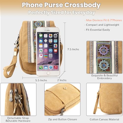 Goodhan Embroidery Canvas Crossbody Bag Cell phone Pouch Coin Purse for Women - color: Camelyellow