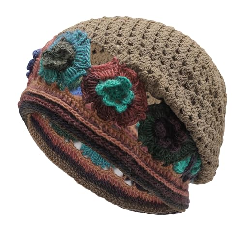 ZLYC Women Cotton Crochet Slouchy Beanie Hat Handmade Knit Summer Skull Cap - color: Colorful Flower Tan