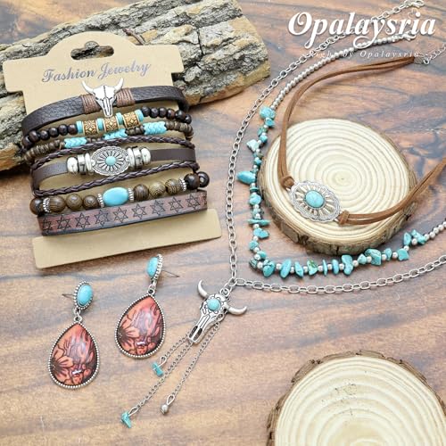 3 Pcs Layered Western Jewelry Set for Women Boho Turquoise Beaded OX-Head Necklaces Western Cactus Cowboy Chic Earrings Rustic Cowgirl Stack Bracelets Country Concert Outfits Accessory - color: OX-Head Tassel