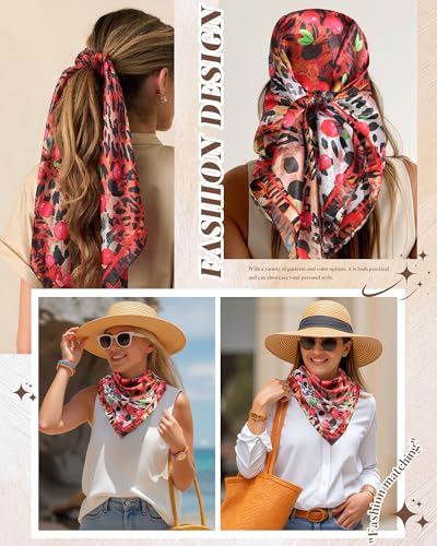 AWAYTR 35” Square Satin Head Scarf Hair Scarf for Women's Hair Silk Bandana for Women Silk Head Wrap for Sleeping - color: Leopard Print Red