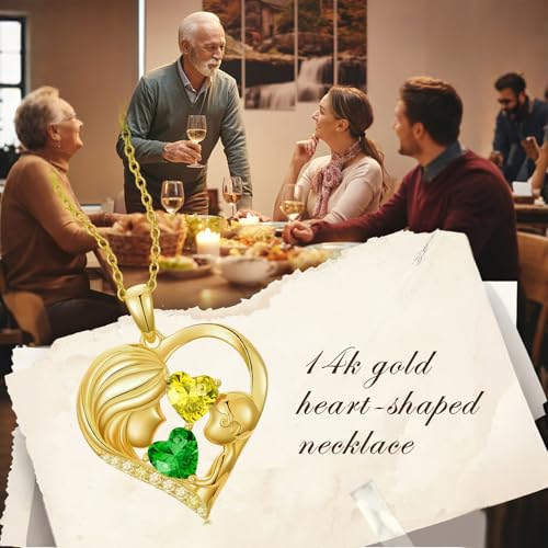 Mothers Day Gifts 14K Yellow Gold Mother Daughter Heart Pendant Necklace with 12 Months Birthstone Birthday Gifts for Mom Anniversarry Jewelry for Mom Wife Girlfriend - color: 05-11-May-Nov Birthstone