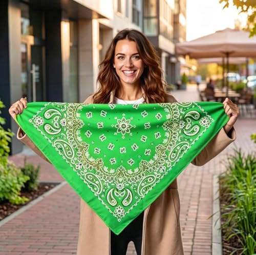 Junvena 27 Inch Extra Large Bandana 100% Cotton,Soft Thin Breathable Headband for Men Women, Solid & Paisley - color: Green 3 Pack