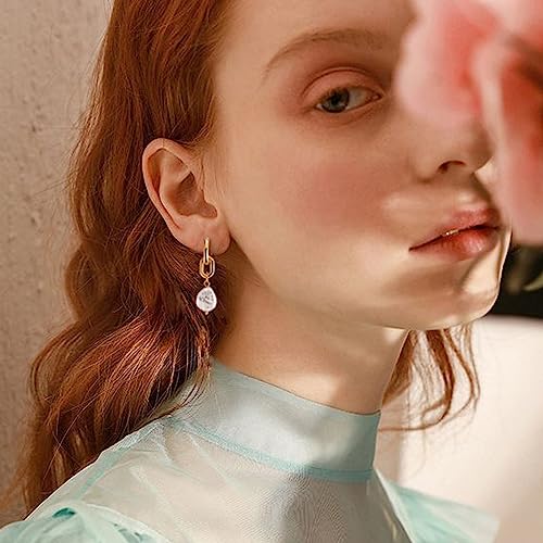 Stud Earrings for Women 14k Gold Plated Geometric Dangle Earrings Lightweight Minimalist Handmade Hammered Texture Oval Disc Drop Double-layer Big Hoop Dangle Earrings for Women - color: Pearl Drop-B