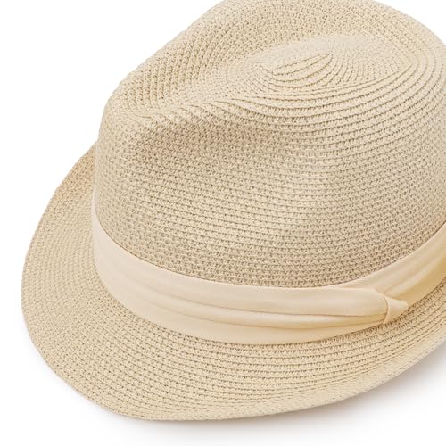 DRESHOW Women Straw Sun Hat Short Brim Panama Travel Fedora Summer Hat Roll Up Beach Cap for Women UPF 50+ - color: 1 Pc Straw Hat: Beige (Beige Ribbon)