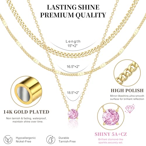 WomenGifts Layered Gold Necklaces for Women, 14K Gold Sterling Silver Plated Dainty Pendant Necklace Set Non Tarnish, Chunky Stackable Cuban Chain Choker, Trendy Birthstone Vacation Jewelry Gift - color: Gold, style: Cubic Zirconia-Created Pink Tourmaline