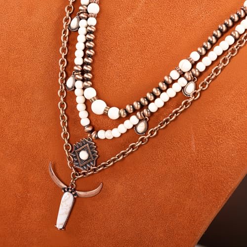 Montana West Rustic Couture's Western Jewelry Set for Women Cowgirl Vintage Western Necklace Earring - color: Layered-White Turquoise