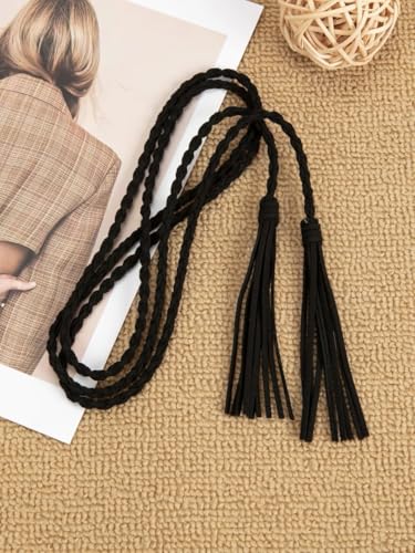 Women's Waist Belts Woven Tassels Chain Belt Skinny Rope Belt for Skirt Dress Boho Style - color: Black-1