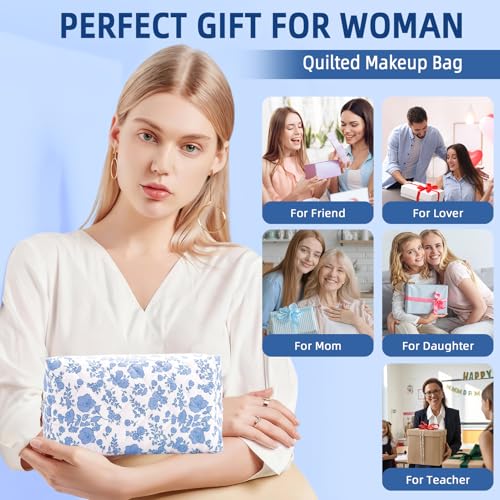 Small Makeup Bag Quilted Cosmetic Bag Floral Travel Toiletry Bags for Women Cute Pencil Case Quilted Makeup Pouch Aesthetic Coquette Cosmetic Pouch Cotton Make Up Bags Cute Zipper Pouches Blue - color: Ac-blue flower