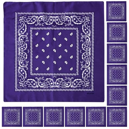 Falari 12 Pack Bandanas Multipurpose Cotton Novelty Paisley Bandana Headband for Cowboy Men Women 22 x 22 - color: Dark Purple