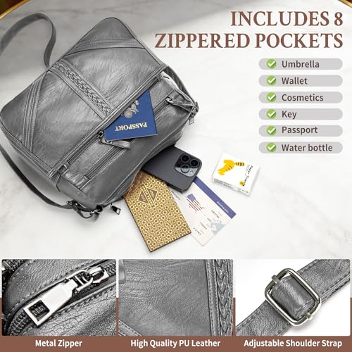 ELDA Crossbody Bags For Women Pocketbooks Soft PU Leather Purses and Handbags Multi Pocket Shoulder Bag - color: X-dark Grey
