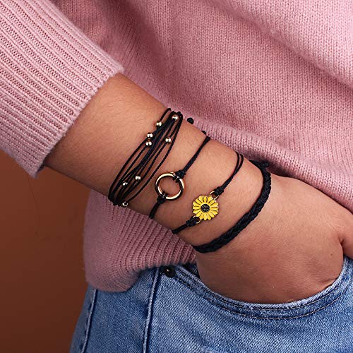 FANCY SHINY Easter Gifts Basket Stuffers Sunflower String Bracelet Boho Braided Rope Wrap Bracelets Cute Summer Beach Surfer Jewelry for Women - color: Black