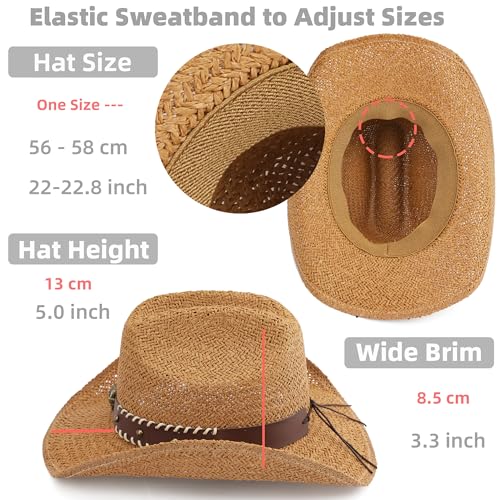 Straw Cowboy Hat, Western Cowgirl Hat, Wide Brim Sun Beach Hat for Men and Women - color: Khaki-m22