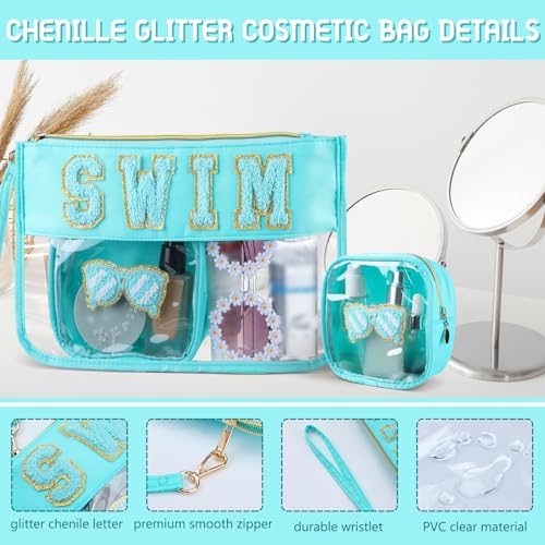 Hillban 2 Pcs Swim Bag Chenille Letter Preppy Patch Makeup Pouch Flat Clear Pouch PVC Organizer Purse Waterproof Travel Cosmetic Bags Pool Swim Coach Team Gifts for Women - style: Swim Theme