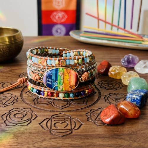 YGLINE Boho Handmade Wrap Leather Tube Crystal Stone Bracelet for Women - color: Chakra 3