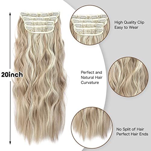 Clip in Natural Hair Extensions Long Wavy 4PCS Thick Hairpieces Dark Ash Blonde Mixed Bleach Blonde Double Weft Synthetic 20 Inch for Women (4pcs, 20Inch, 16H613#) - color: 16H613-Dark Ash Blonde Mixed Bleach Blonde